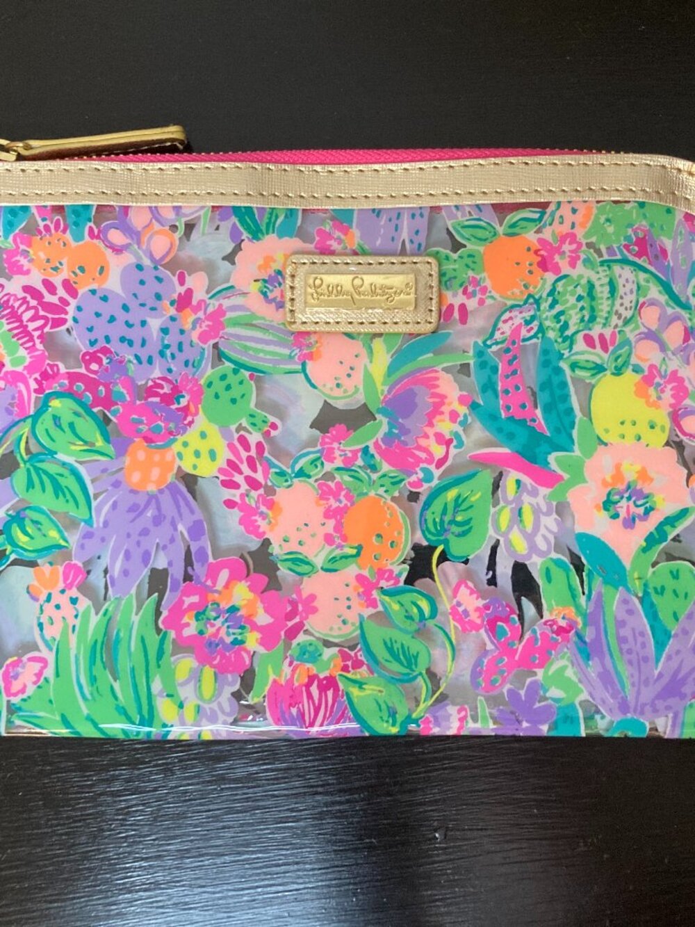 Lilly Pulitzer Clear Vinyl Pink Floral Print Zip Pouch Gold Accents - 9"x6.25"